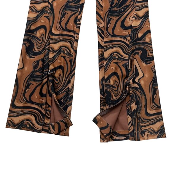 House of Sunny Womens Marble Print Flare Pants Brown Size 2 Split Hem‎ High Rise - Picture 3 of 11